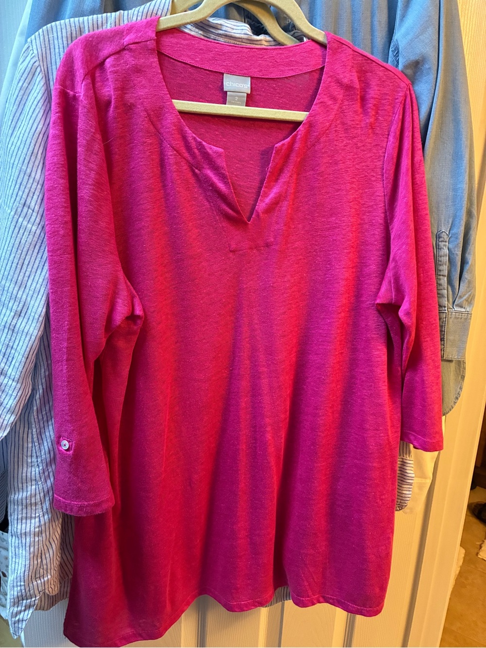 Chico's Bright Fuchsia Split-Neck Long Sleeve Tee